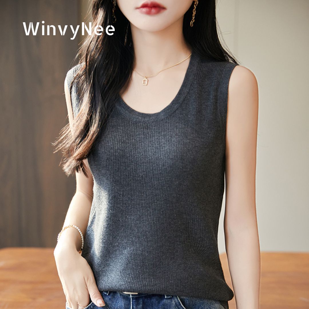 Tank Top Ribbed - WinvyNee Wanita Deep Crew Neck Worsted